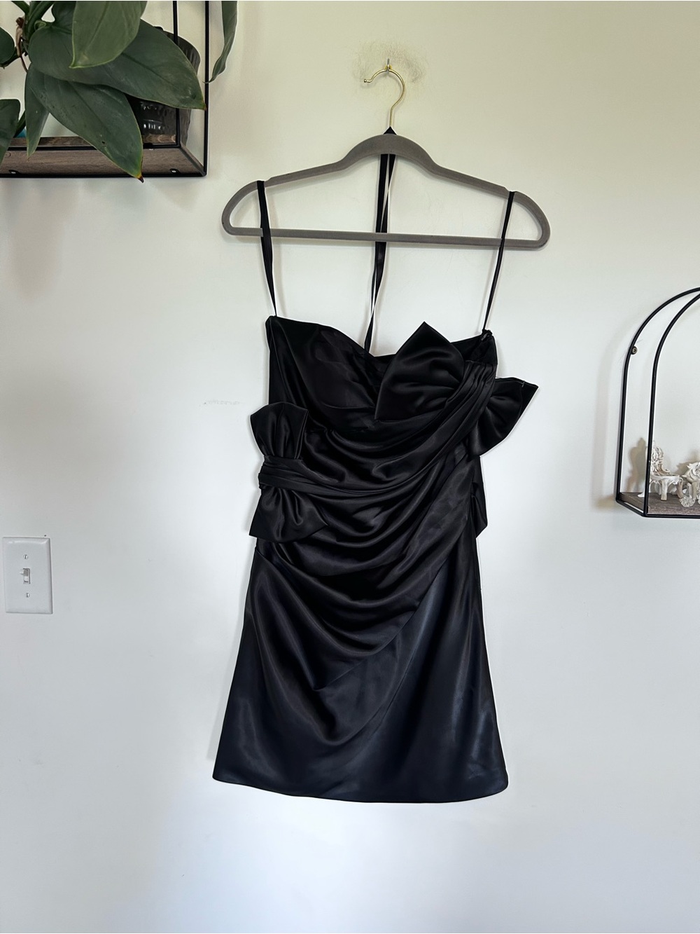 Dalia Macphee Black Strapless Satin Mini Dress w/ Large Bow‎ Accent Size 4